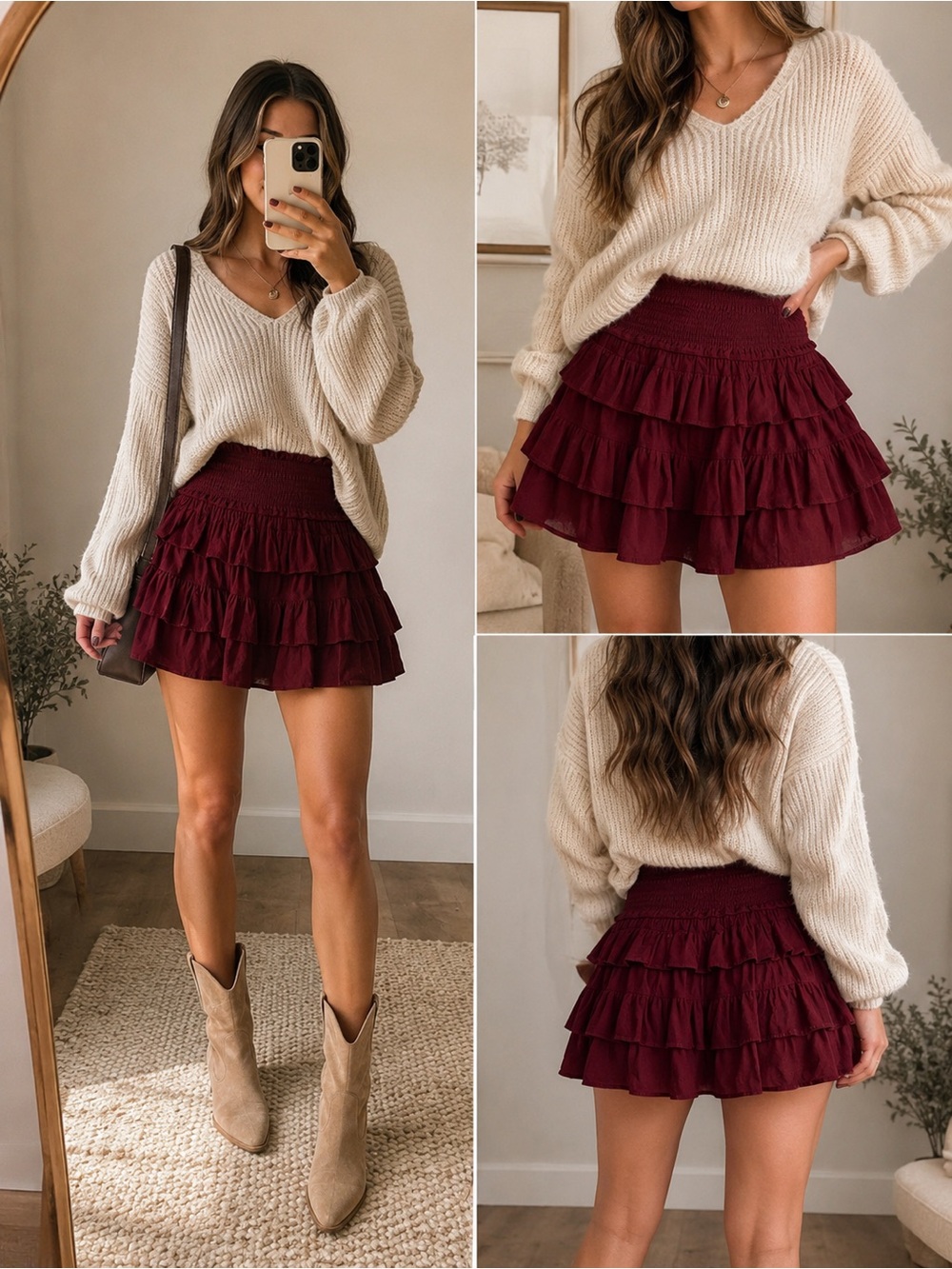 Olivaceous Burgundy Smocked Ruffle Mini Skirt | Size Medium